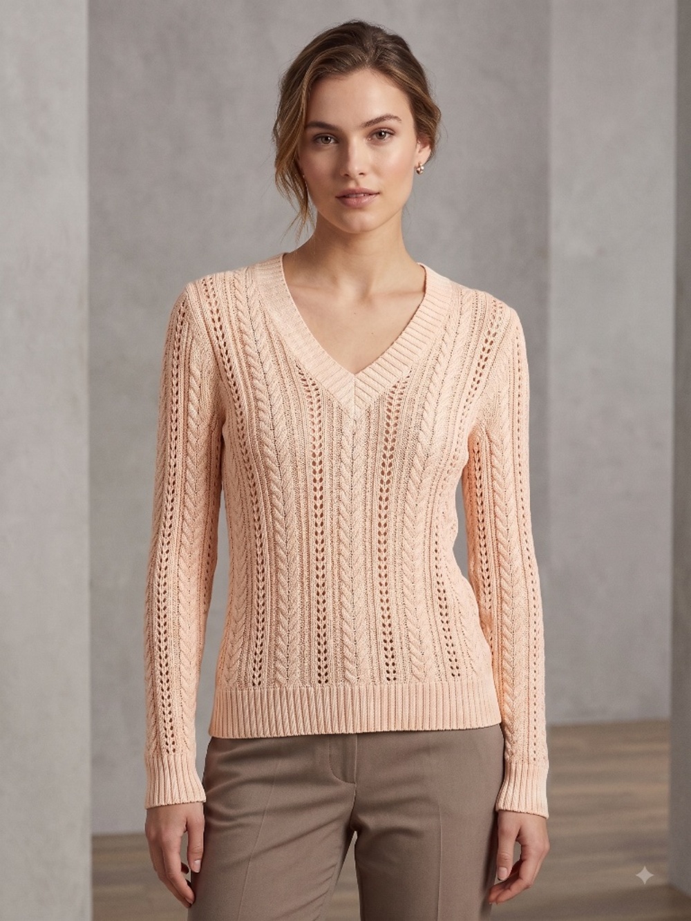 Lauren Ralph Lauren Pointelle Cable Knit V-Neck Sweater Blush Pink -- Size XS